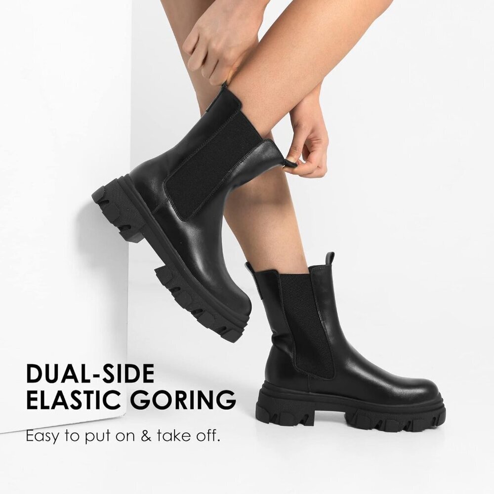 Women's Black PU Platform Chelsea Lug Sole Combat Mid Calf Slip On Ankle Boot - Picture 2 of 5